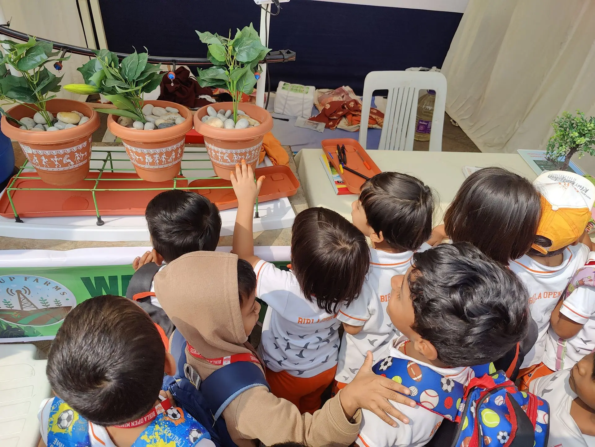 Visitors watching a WakeupFarms drip irrigation demonstration with three potted plants